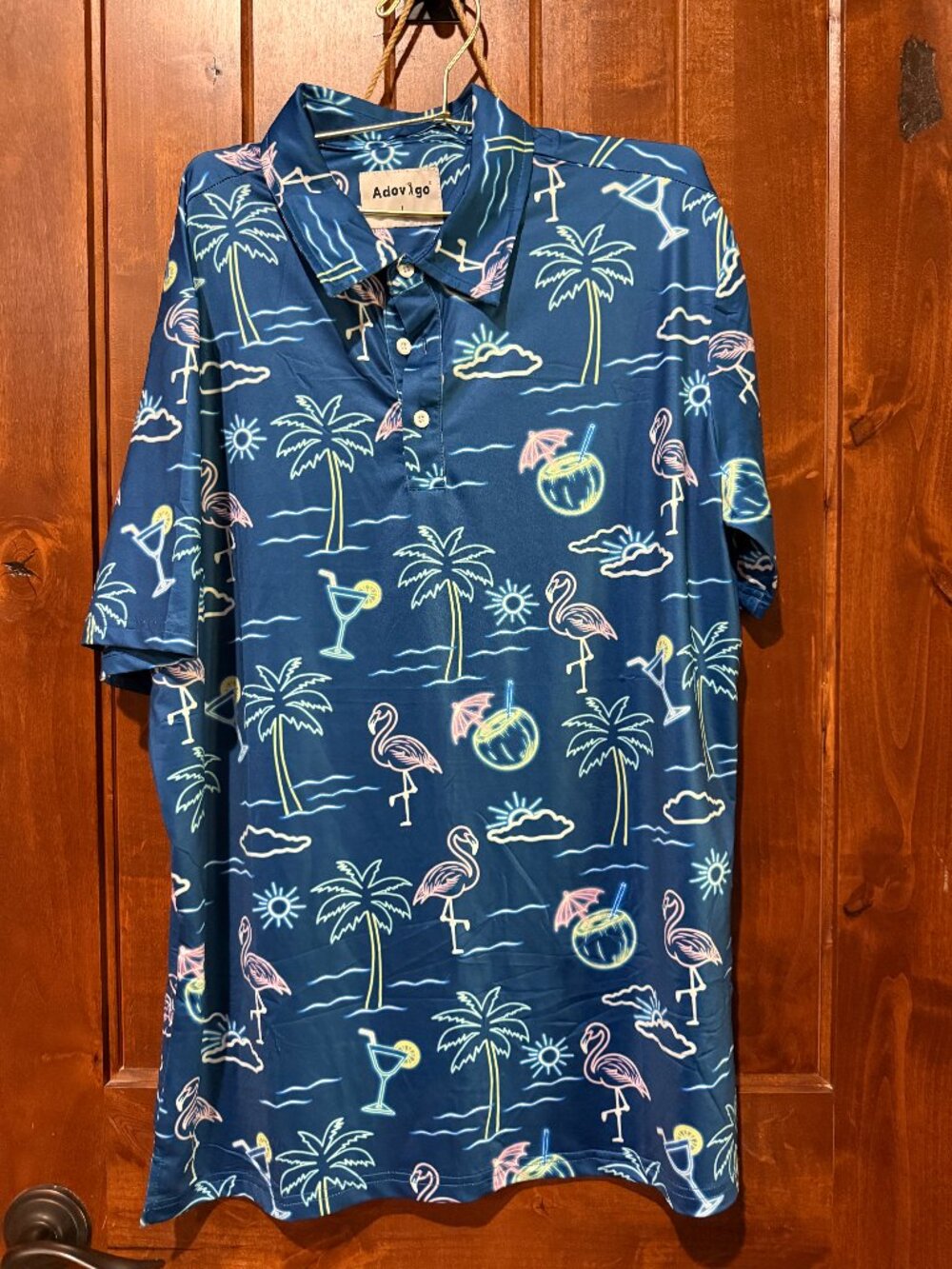 Adley&Go Men's Hawaiian Flamingo Palm Tree Polo Shirt L